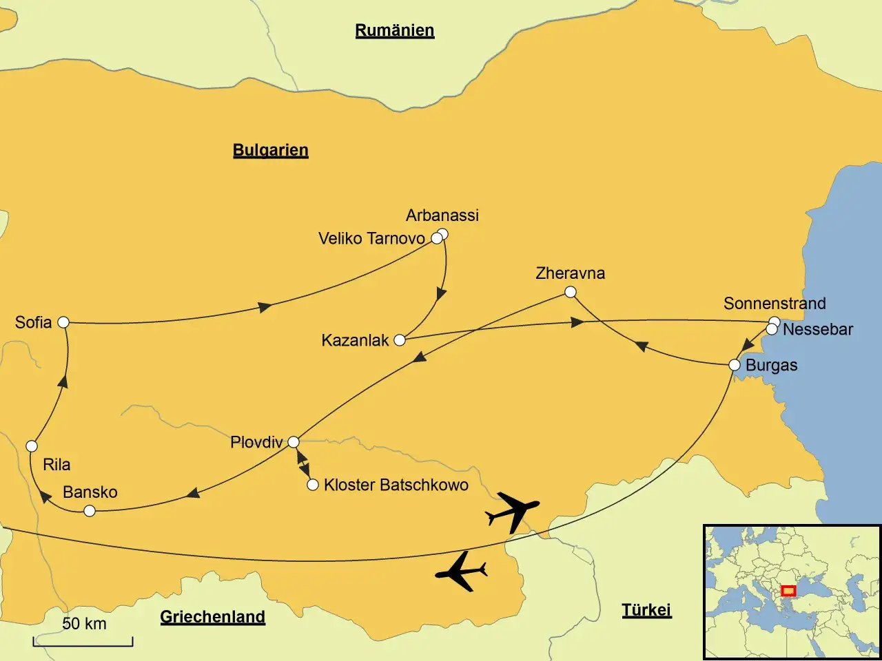 Karte mit einer **Bulgarien Route**, die Sofia, Rila, Bansko, Plovdiv, Kazanlak, Veliko Tarnovo, Arbanassi, Zheravna, Nessebar, Burgas und Sonnenstrand verbindet. Flugzeuge deuten auf An- und Abreise hin.