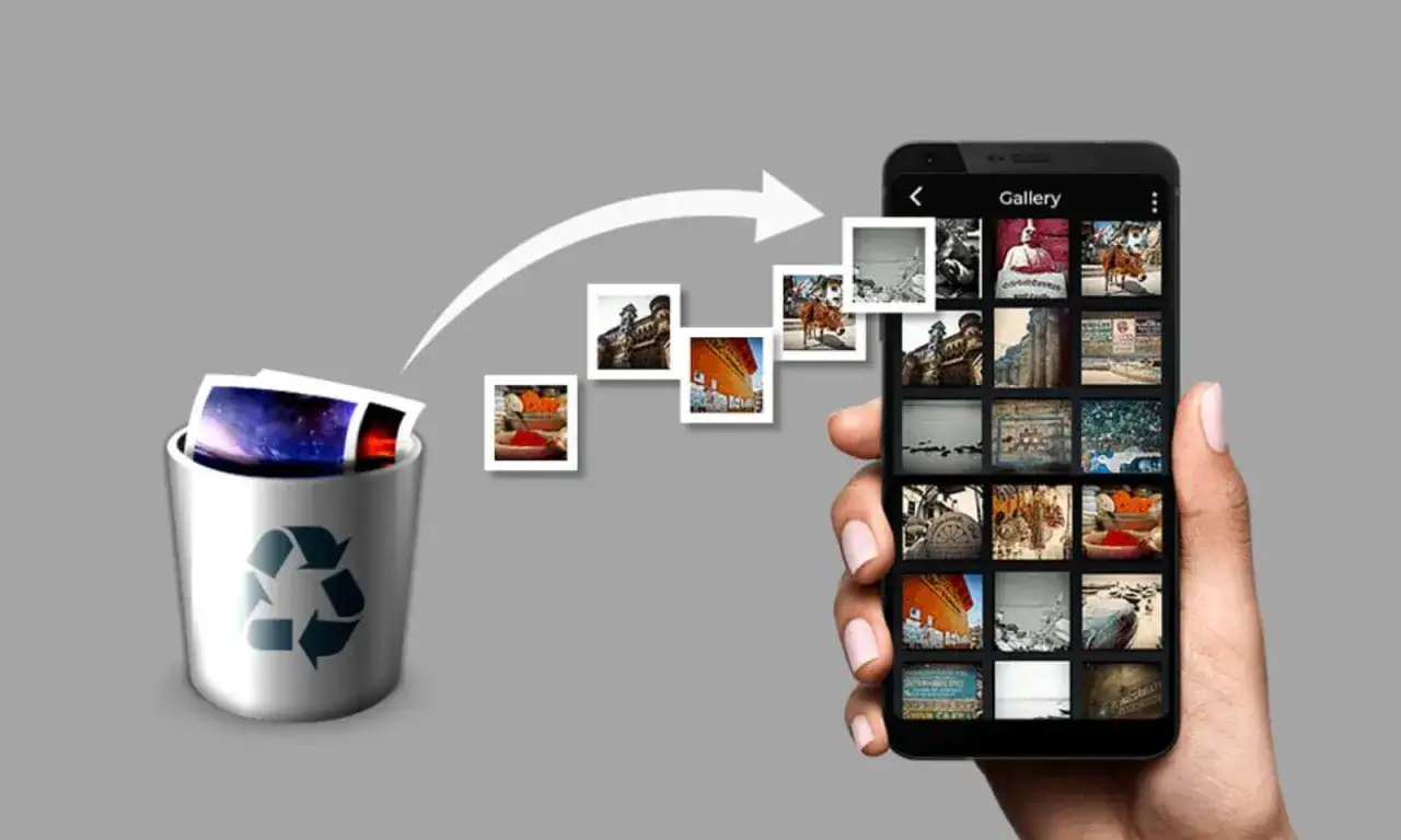 Kosz na śmieci z ikoną recyklingu, z którego zdjęcia lecą do galerii na telefonie. Odzyskiwanie zdjęć z telefonu nigdy nie było tak proste!