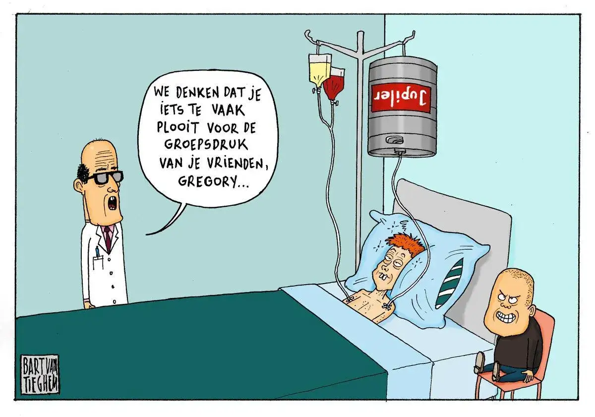 Een dokter vertelt Gregory, die aan een infuus met Jupiler ligt, dat hij te veel toegeeft aan groepsdruk. Dit is de betekenis van conformeren.