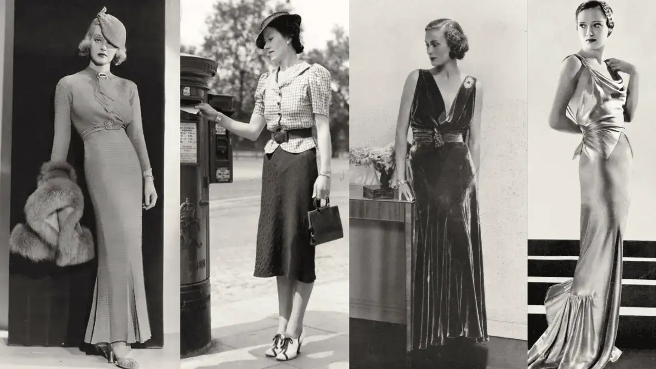 Vier Frauen präsentieren elegante 30er Jahre Mode: bodenlange Kleider, Pelz und schicke Hüte.