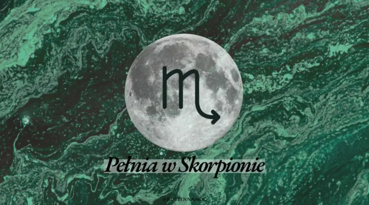 Pełnia w Skorpionie. Księżyc i symbol znaku zodiaku nad zielonym, marmurkowym tłem. Twój skorpion horoskop miesięczny.