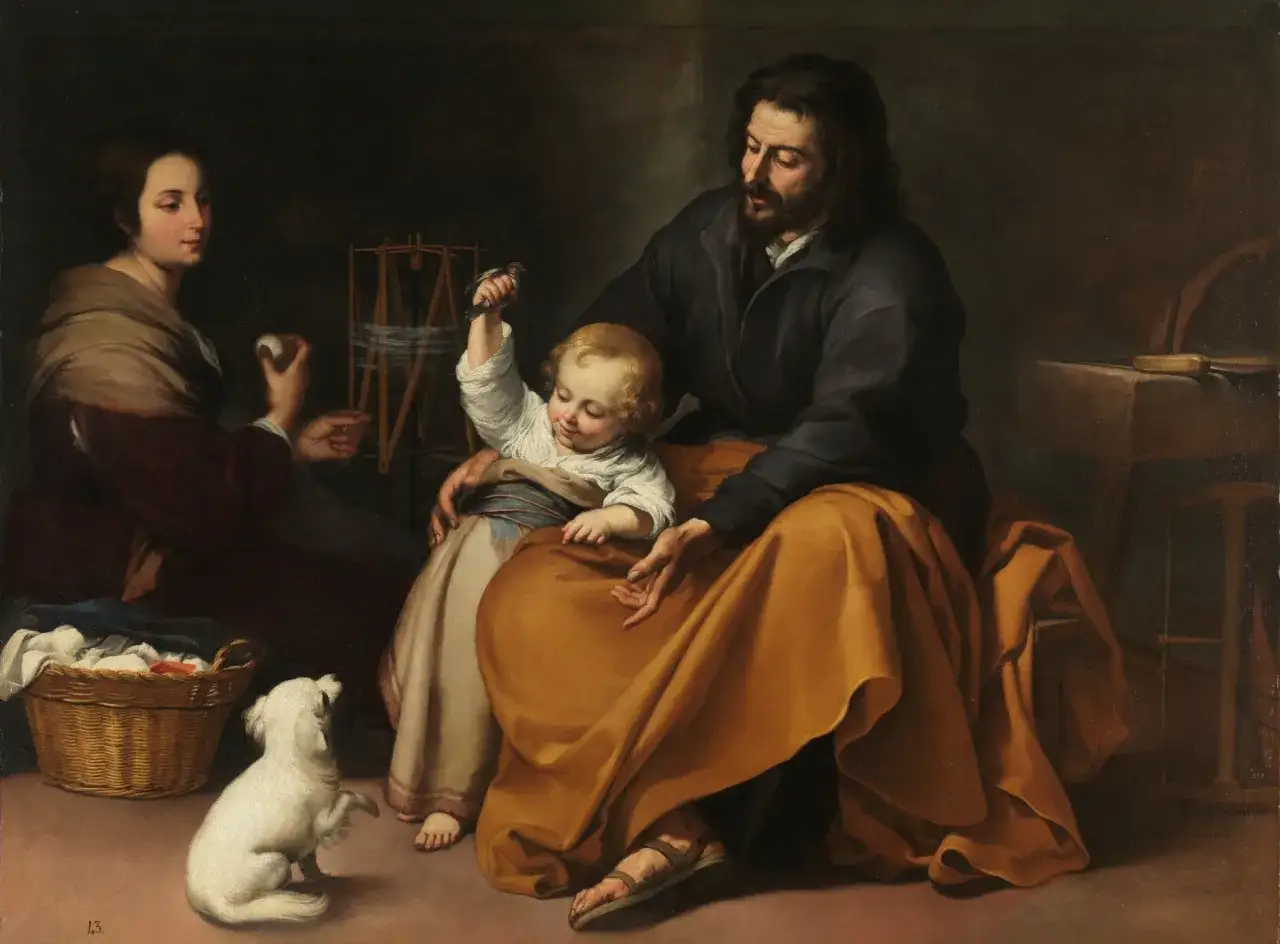 Bartolome Esteban Murillo's painting shows the Holy Family in a domestic scene. Joseph holds the child Jesus, who plays with a bird. Mary spins thread, and a dog looks on.