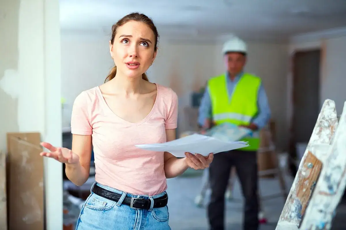 Femme désemparée tenant des papiers, envisageant de porter plainte contre un artisan pour abus de confiance. Un ouvrier en gilet fluo est flou en arrière-plan.
