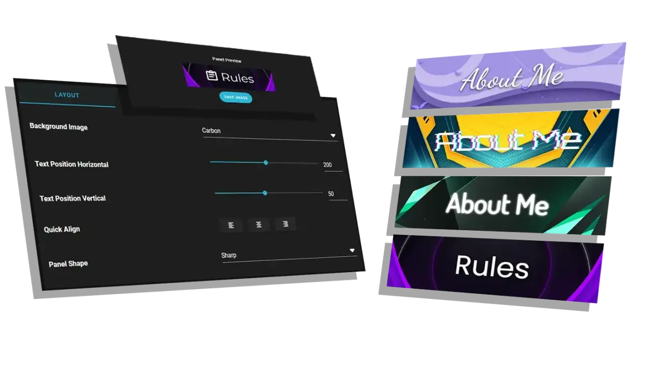 Design-Interface für Twitch Panels Deutsch. Zeigt Einstellungen für Hintergrund, Textposition und Form, sowie Beispiele für