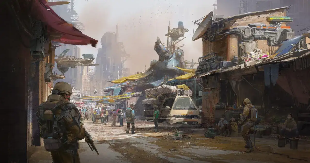 Żołnierze patrolują targ w postapokaliptycznym mieście, gdzie latające pojazdy i dziwaczne budowle tworzą scenerię jak ze Stellaris 2.
