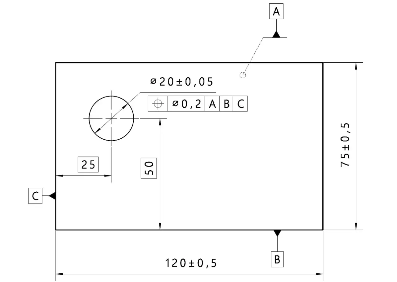 Rysunek techniczny z wymiarami: prostokąt 120x75 mm, otwór Ø20 mm z tolerancją Ø0,2, umieszczony 25 mm od lewej i 50 mm od górnej krawędzi. Znak prostopadłości.