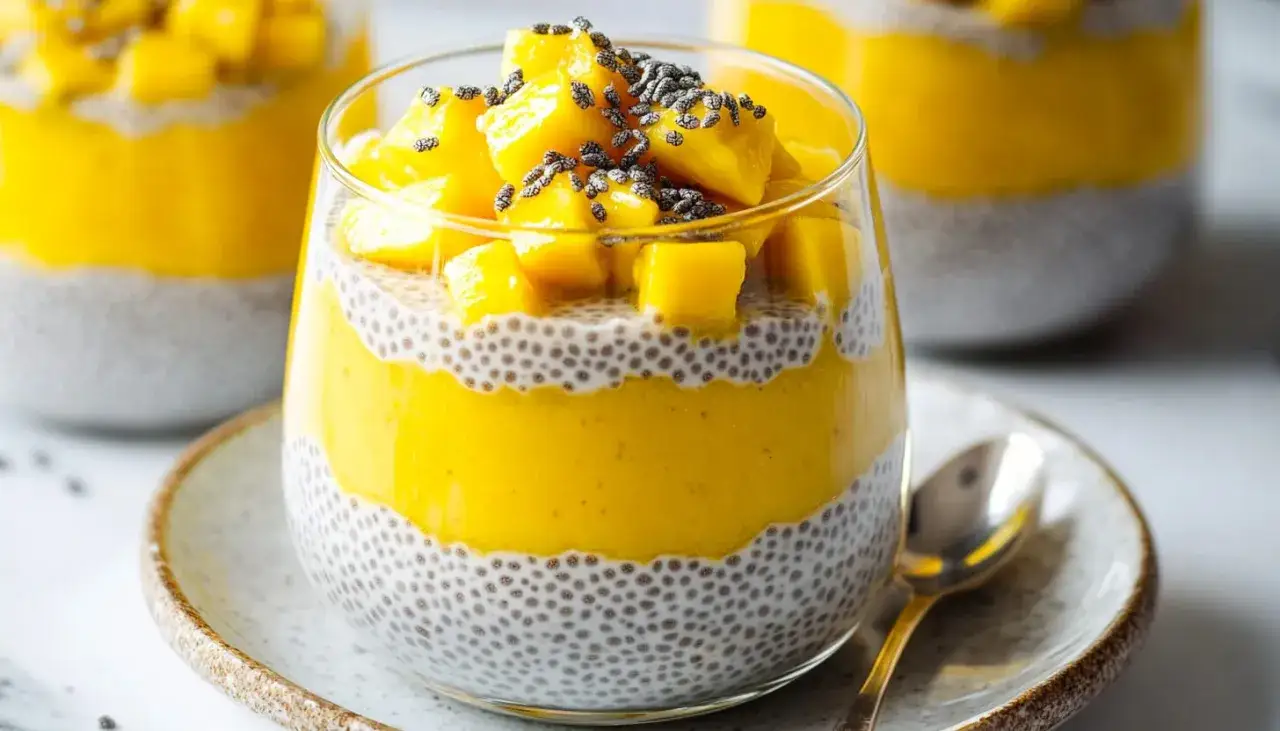 Warstwowy deser chia z mango, ozdobiony kostkami mango i nasionami chia. Idealny na letnie orzeźwienie.