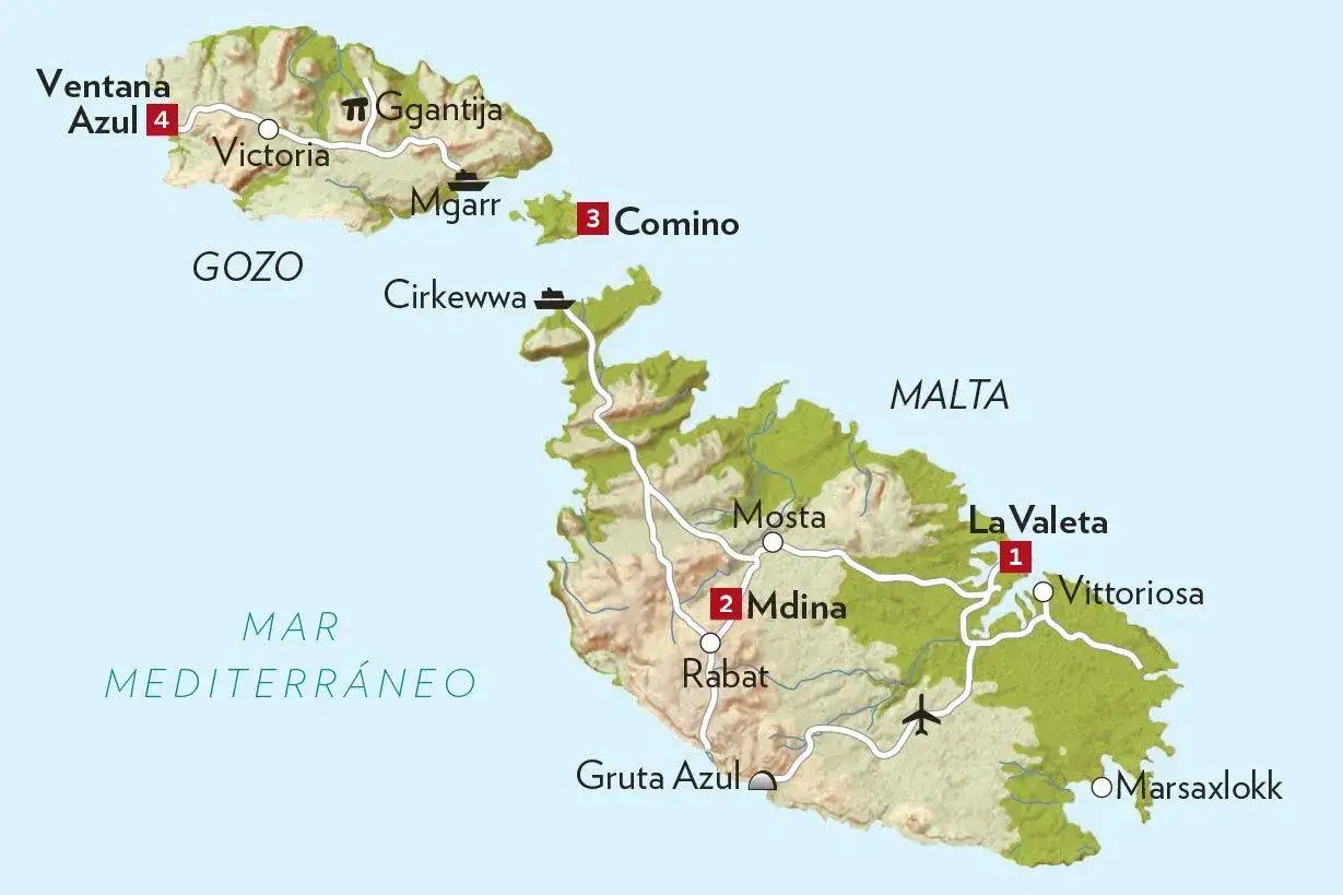 Mapa pokazuje, gdzie leży Malta: wyspy Gozo, Comino i Malta z zaznaczonymi atrakcjami jak La Valeta, Mdina, Ggantija.