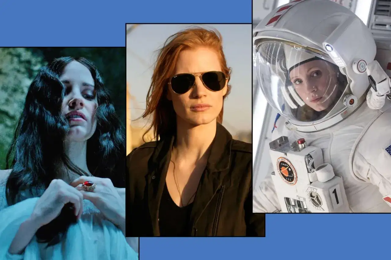 Trzy sceny z filmów z Jessicą Chastain: w białej sukni, w okularach przeciwsłonecznych i w stroju astronauty.