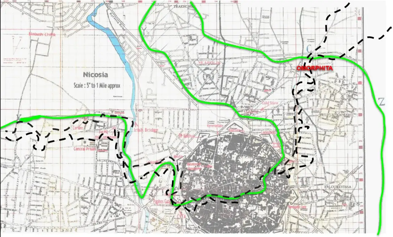 Mapa Nikozji z zaznaczonymi trasami. Czy Cypr jest bezpieczny? Mapa pokazuje granice i drogi, pomagając ocenić bezpieczeństwo podróży.