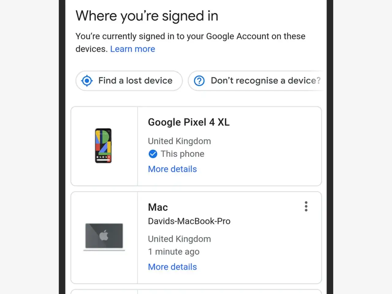 Zarządzaj sesjami Google: zobacz, gdzie jesteś zalogowany, i dowiedz się, jak wylogować się z konta Google na wszystkich urządzeniach, w tym na Pixelu 4 XL i Macu.