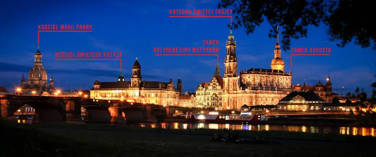 Wieczorny widok na Drezno z oświetlonymi zabytkami, w tym Kościołem Marii Panny i Zamkiem Rezydencyjnym. Czy w Dreźnie jest bezpiecznie? Tak, to piękne i spokojne miasto.
