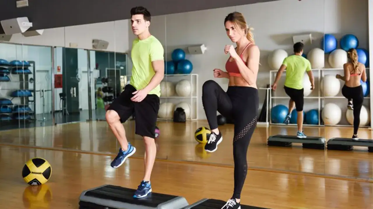 Para ćwiczy na stepperach, widoczne efekty treningu cardio.
