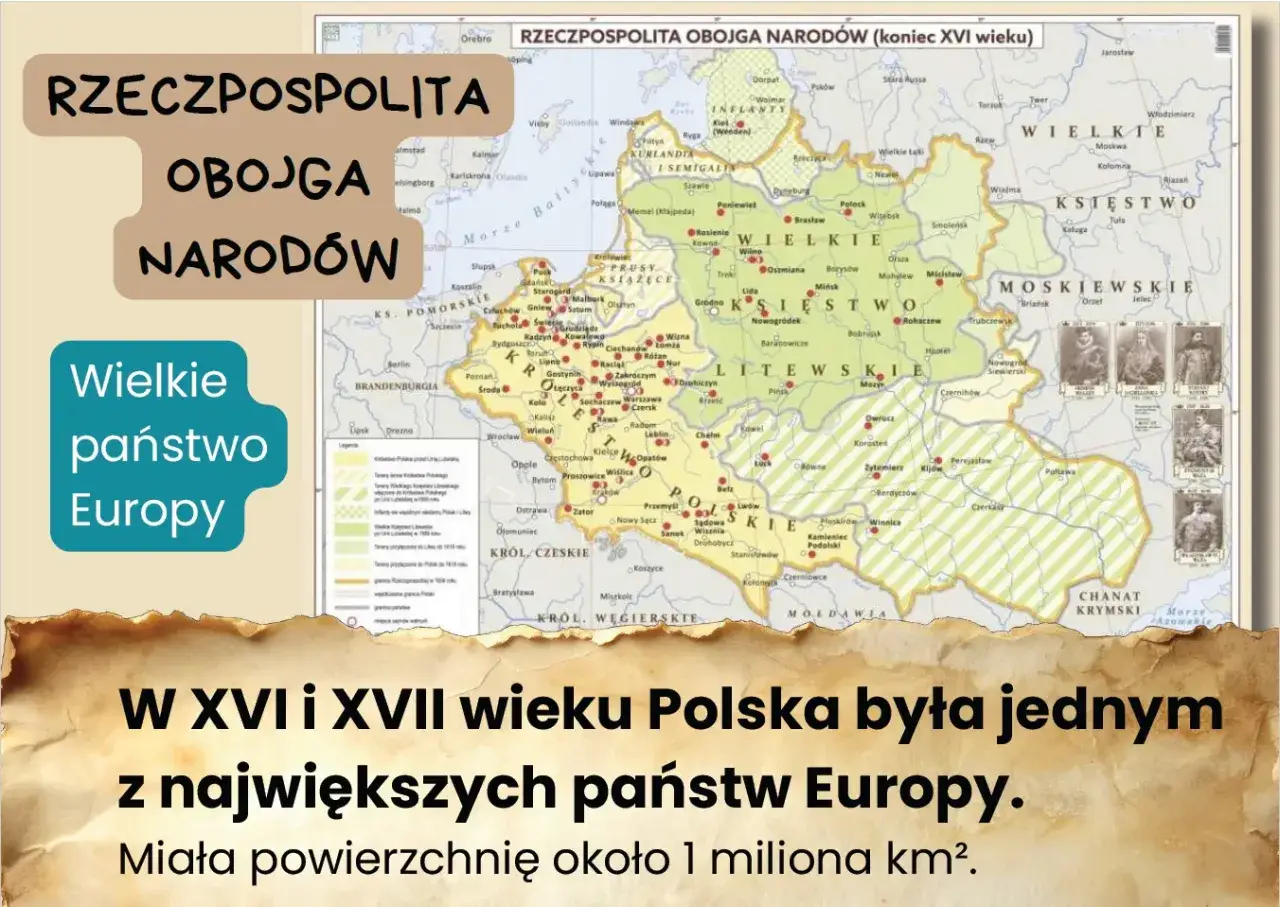 Mapa Rzeczypospolitej Obojga Narodów (koniec XVI w.). Wielkie państwo Europy, jedno z największych w XVI i XVII wieku.