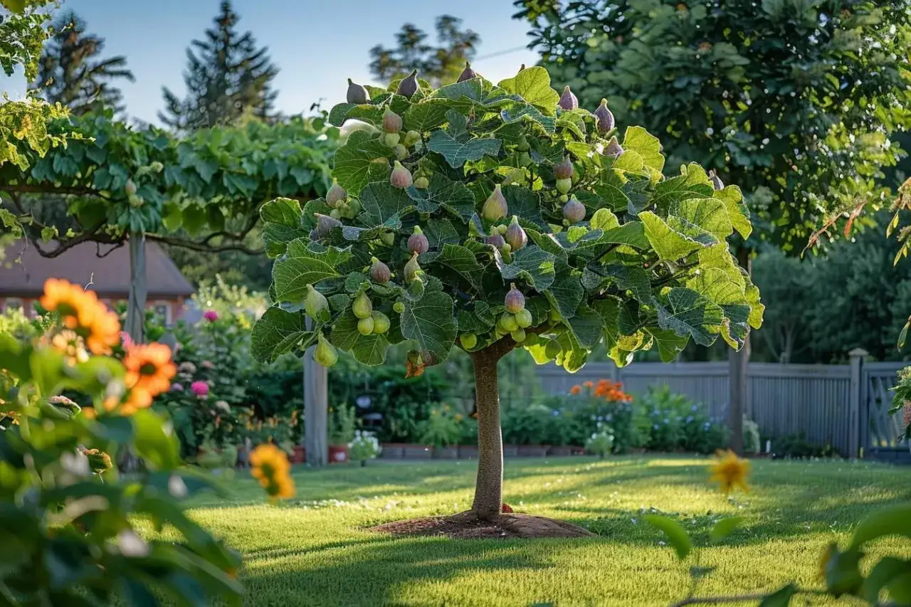 Un figuier adulte, charg&eacute; de fruits verts et violets, tr&ocirc;ne dans un jardin ensoleill&eacute;. Des fleurs color&eacute;es bordent la pelouse.