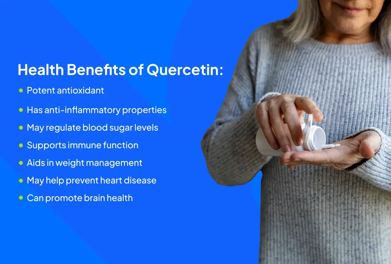 Gesundheitliche Vorteile von Quercetin: starkes Antioxidans, entzündungshemmend, reguliert Blutzucker, unterstützt Immunsystem, hilft beim Gewichtsmanagement.