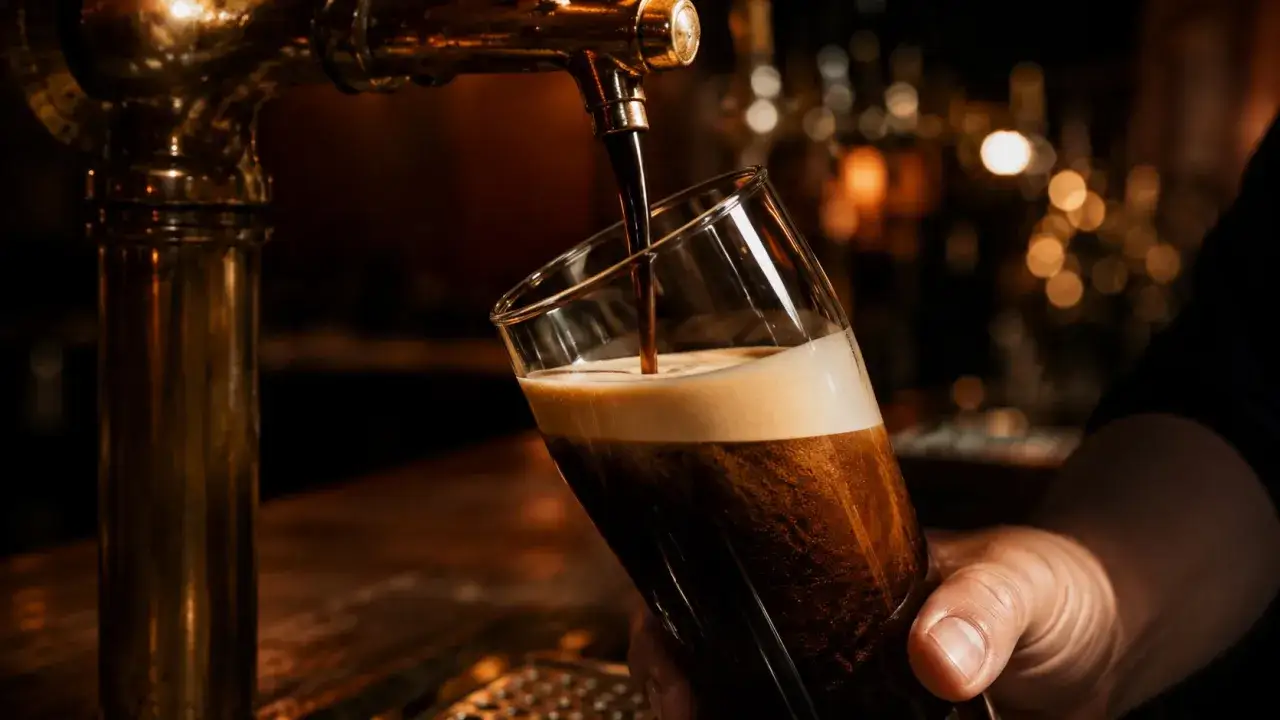 Una birra scura irlandese viene spillata in un bicchiere, creando una schiuma cremosa.