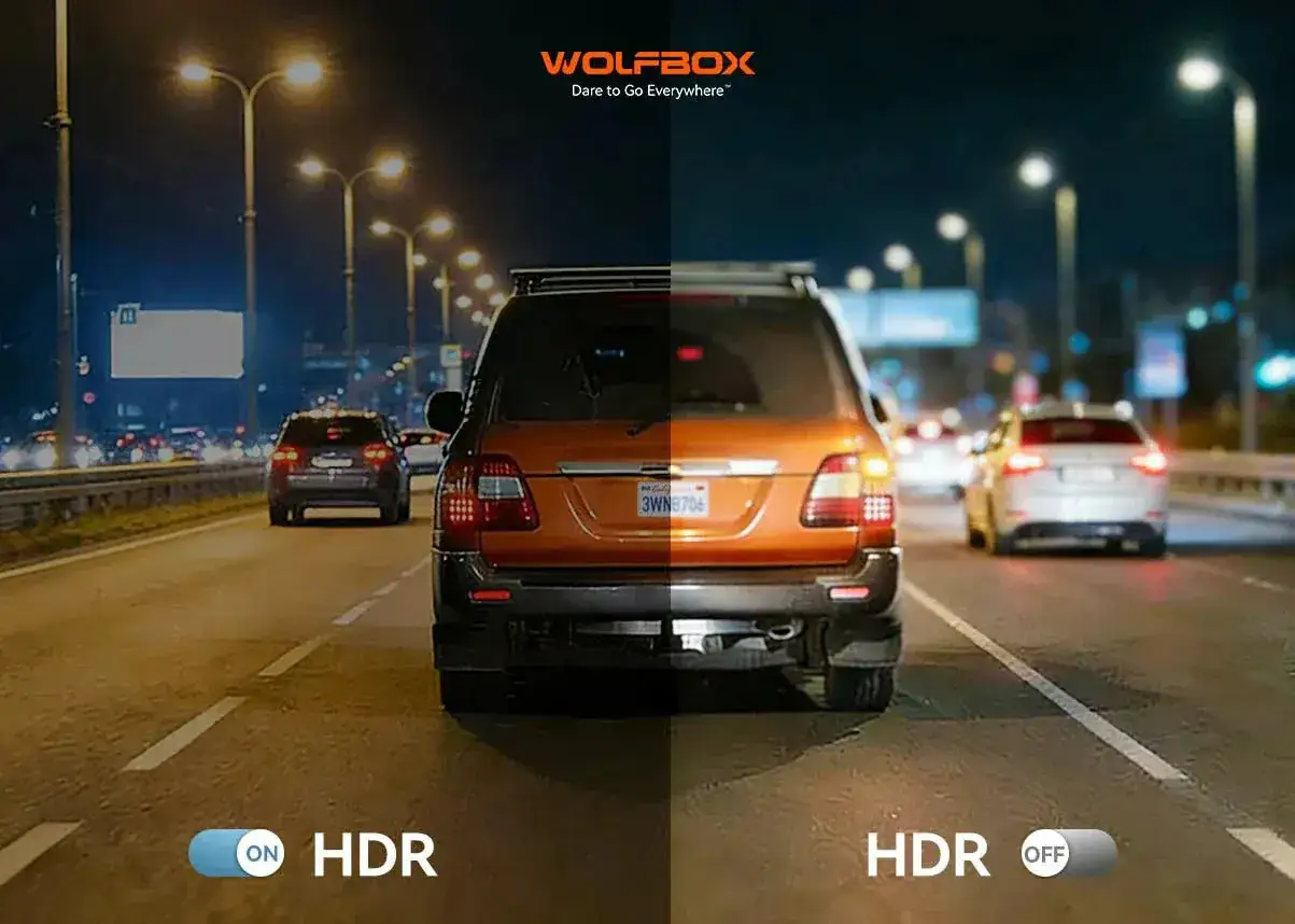 Por&oacute;wnanie obrazu z wdr kamery: po lewej HDR włączony, po prawej wyłączony. Nocna jazda staje się jaśniejsza i wyraźniejsza.