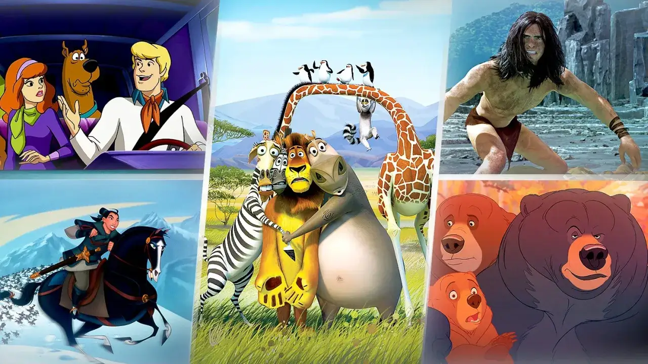 Kolaż z postaciami z bajek: Scooby-Doo, Mulan, zwierzęta z Madagaskaru, Tarzan i niedźwiedzie. Zapowiedź bajek 2025.