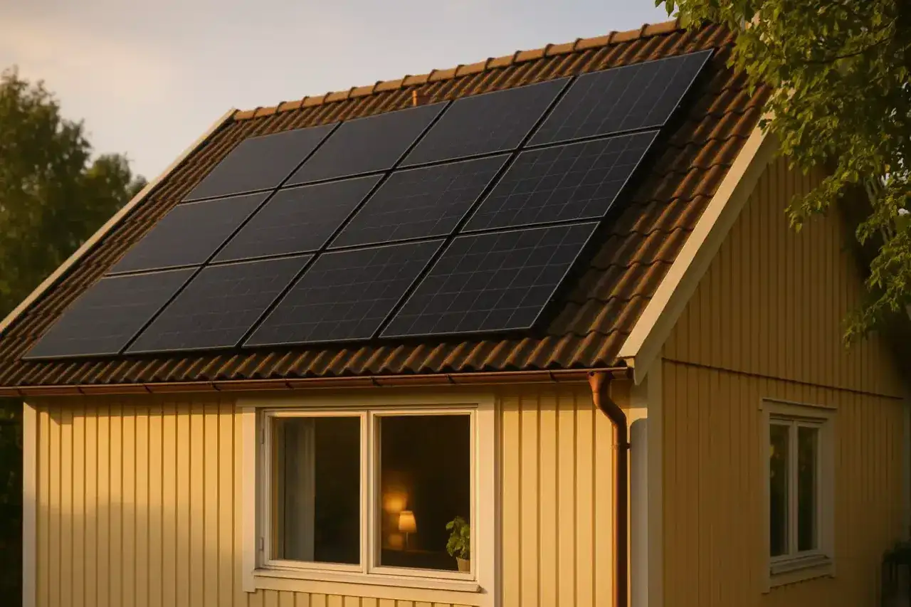 Ett gult tr&auml;hus med solceller p&aring; taket. Solcellerna f&aring;ngar solens energi f&ouml;r att driva huset.