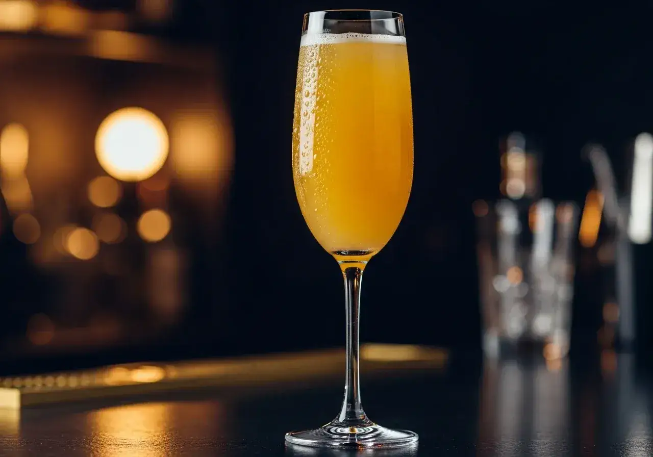 Ett glas med en gyllene drink, troligen en drink med cava och gin, med kondens p&aring; glaset.