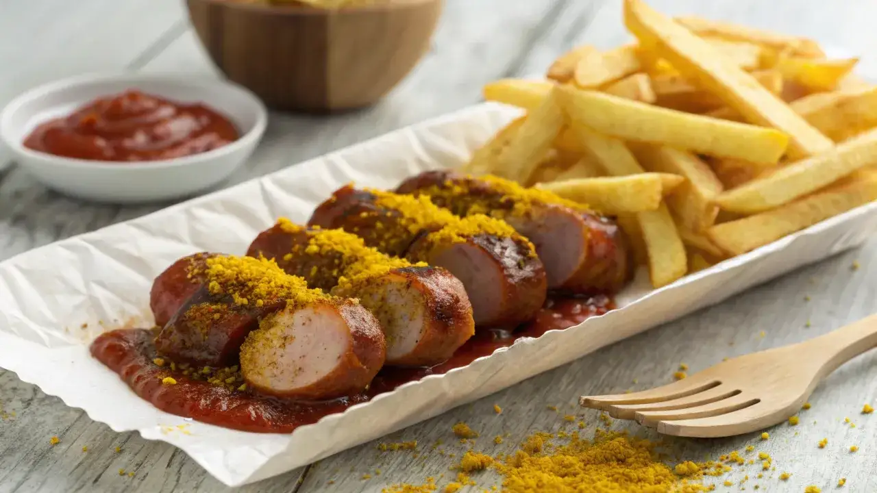 Eine leckere Currywurst im Backofen, mit Pommes und Ketchup. Perfekt für den kleinen Hunger!