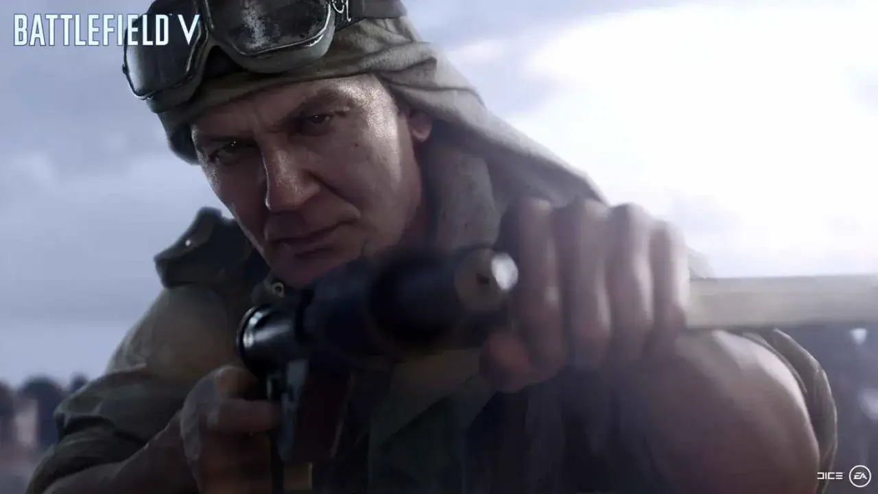Żołnierz z goglami na czole celuje z karabinu. To scena z kampanii Battlefield 5.