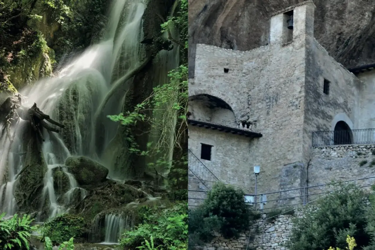 Cascate del Menotre, un'oasi di pace con cascate rigogliose e un'antica chiesetta incastonata nella roccia.