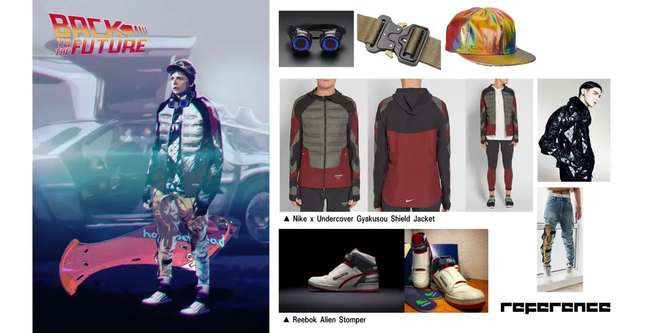 Marty McFly w futurystycznym stroju, gotowy na powrót do przyszłości 4. Obok stylizacje inspirowane filmem: kurtka Nike, buty Reebok i akcesoria.