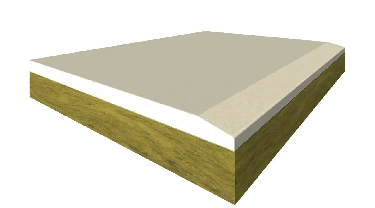 Strato isolante per muro interno: pannello multistrato con finitura chiara, anima bianca e isolante fibroso giallo.