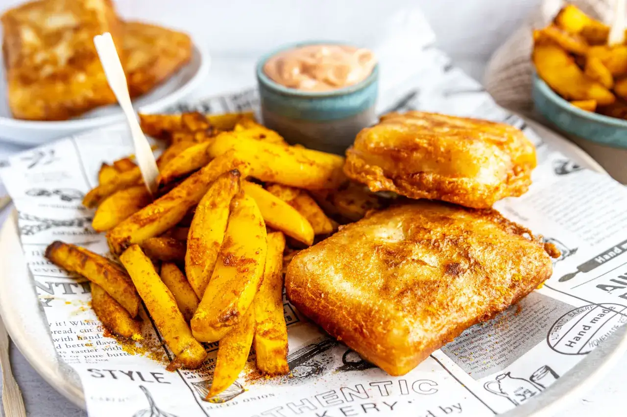 Knuspriges Fisch und Chips Rezept: goldbraun frittierter Fisch und w&uuml;rzige Kartoffelspalten auf Zeitungspapier serviert. Dazu eine cremige Sauce.