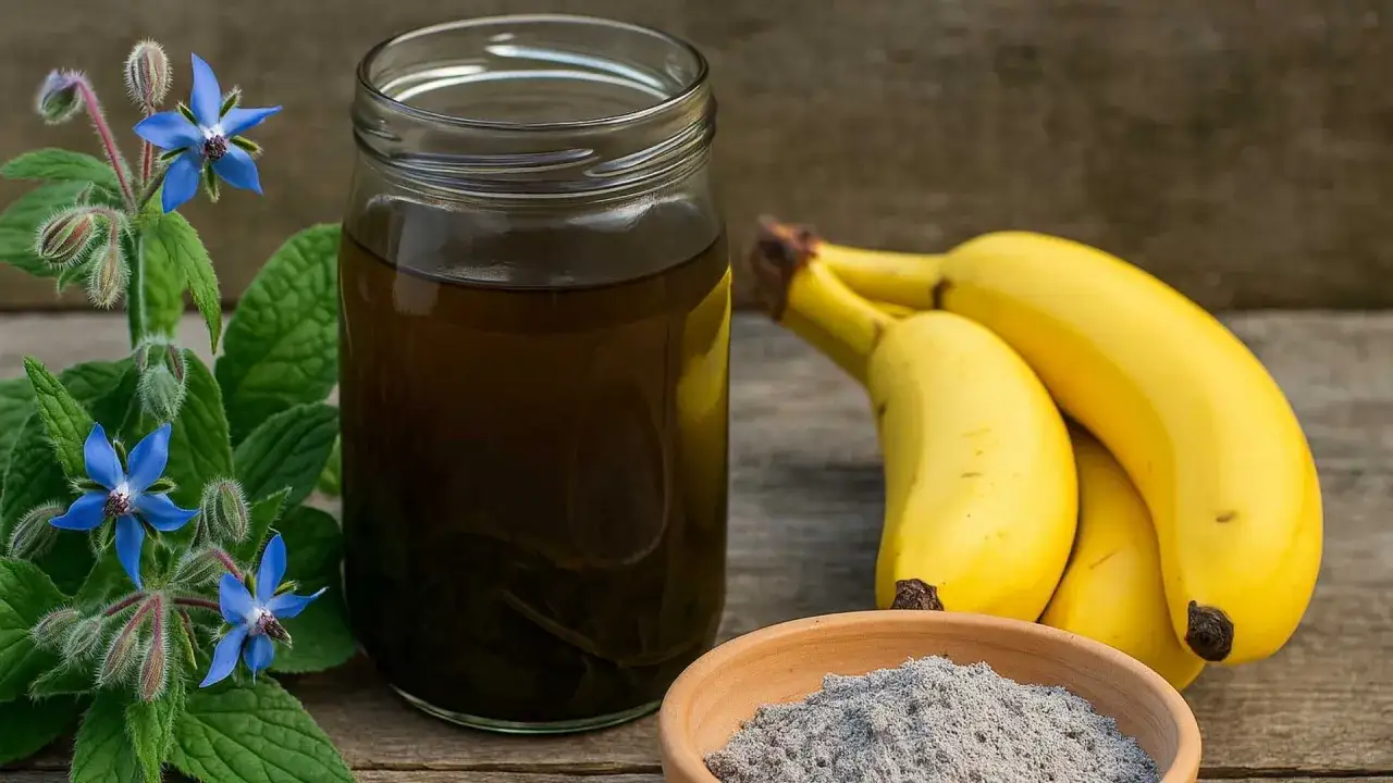 Bananowe skórki i ogórecznik lekarski jako naturalne nawozy potasowe. Obok słoik z płynnym nawozem i miseczka z proszkiem.