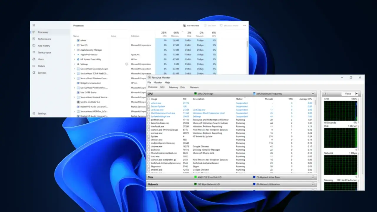 Zrzut ekranu z menedżerem zadań i monitorowaniem zasobów systemu Windows, pokazujący procesy i użycie CPU. CCleaner Professional pomaga w optymalizacji.