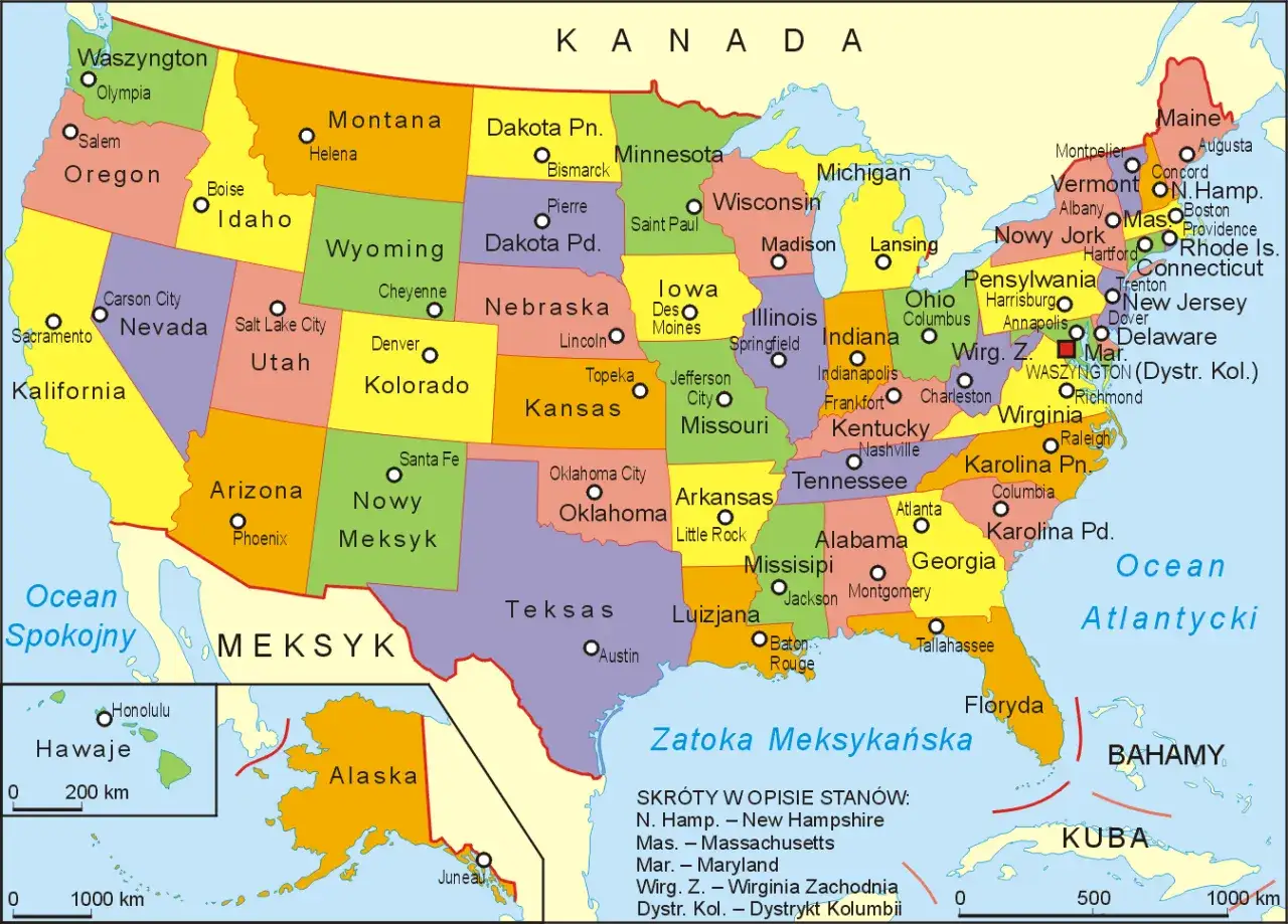 Mapa USA, czyli Stanów Zjednoczonych, z zaznaczonymi stanami i stolicami.