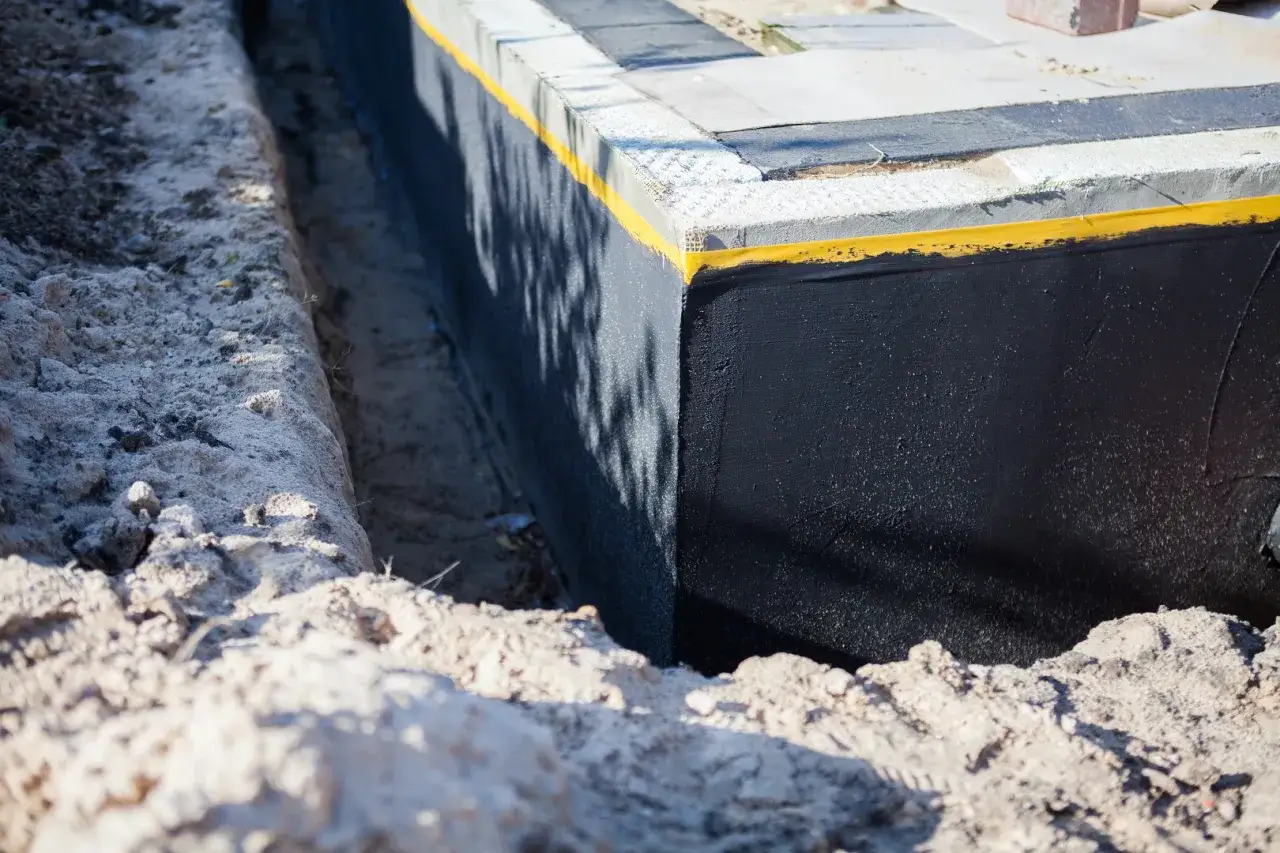 Fundament zabezpieczony czarną papą, gotowy do zasypania. Ż&oacute;łta taśma izolacyjna podkreśla jego krawędź.