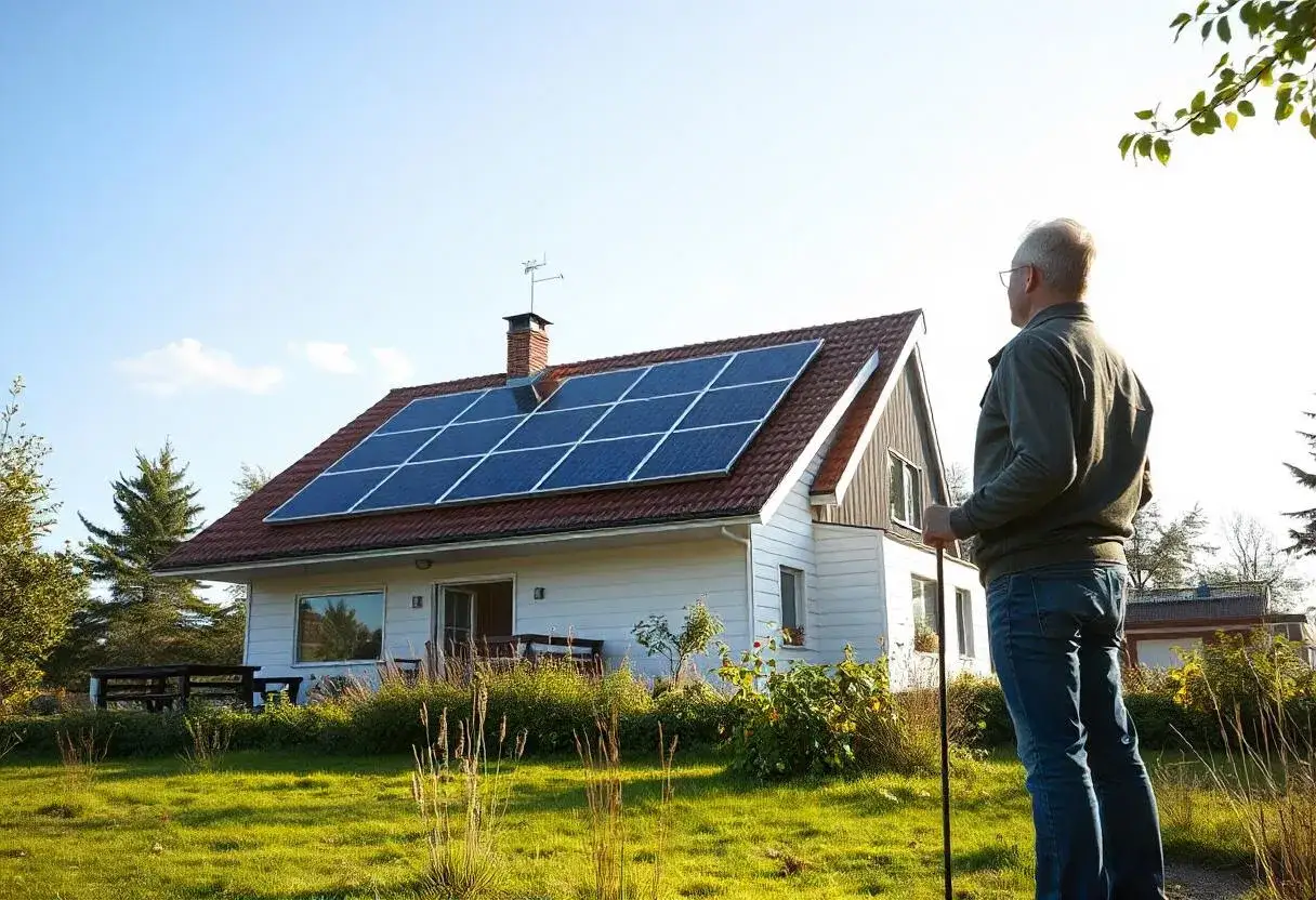 Man st&aring;r vid sitt hus med solceller p&aring; taket, funderar p&aring; &aring;terbetalningstid solceller.