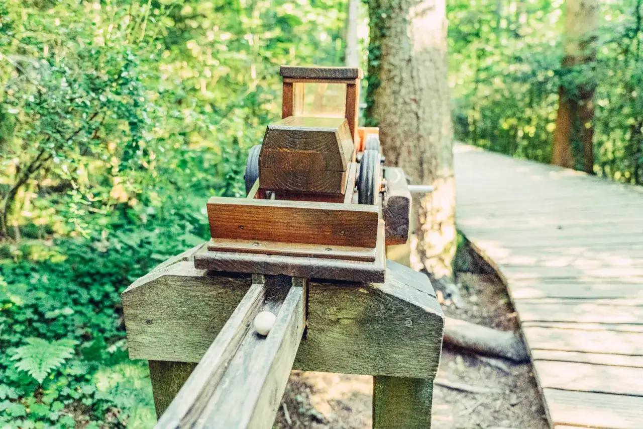 Holz-Traktor mit Kugelbahn am naturatum erlebniswaldpfad. Ein Spielgerät im Wald lädt zum Entdecken ein.