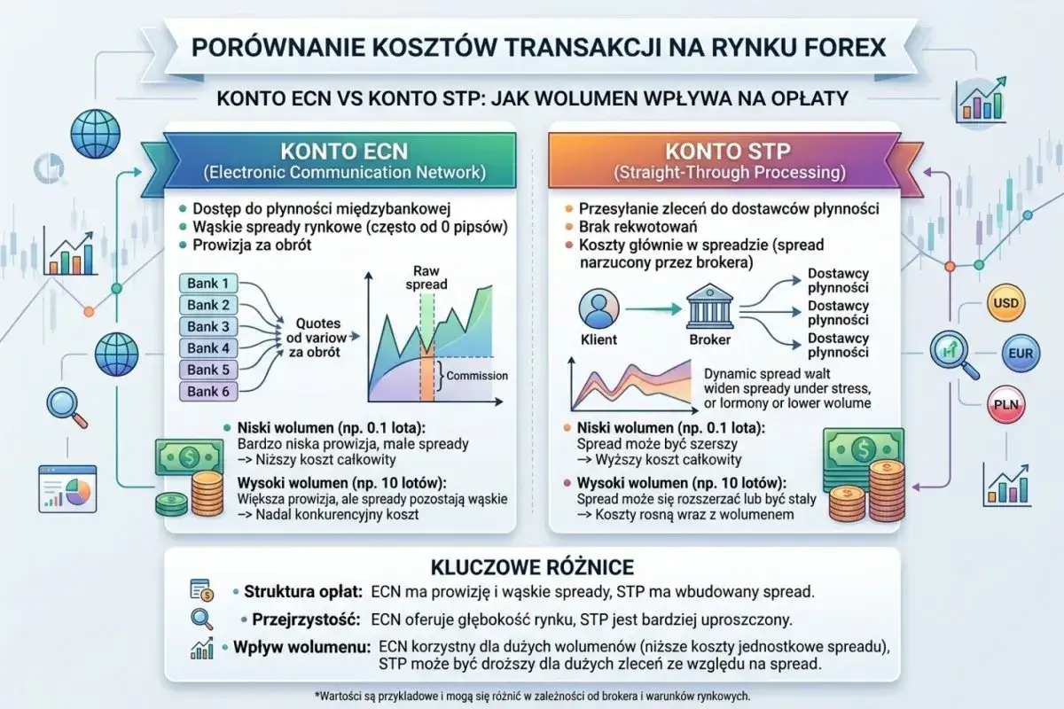 Porównanie kont ECN i STP na Forex. ECN oferuje wąskie xtb spread i prowizję, STP ma wbudowany spread.