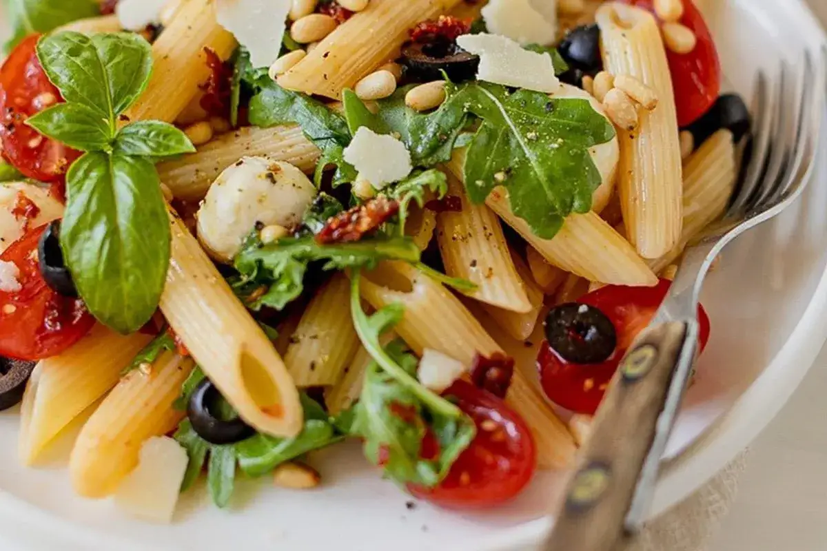 Ein k&ouml;stlicher italienischer Nudelsalat mit Penne, Kirschtomaten, Mozzarella-Kugeln, Oliven, Pinienkernen und Rucola, garniert mit Parmesan.