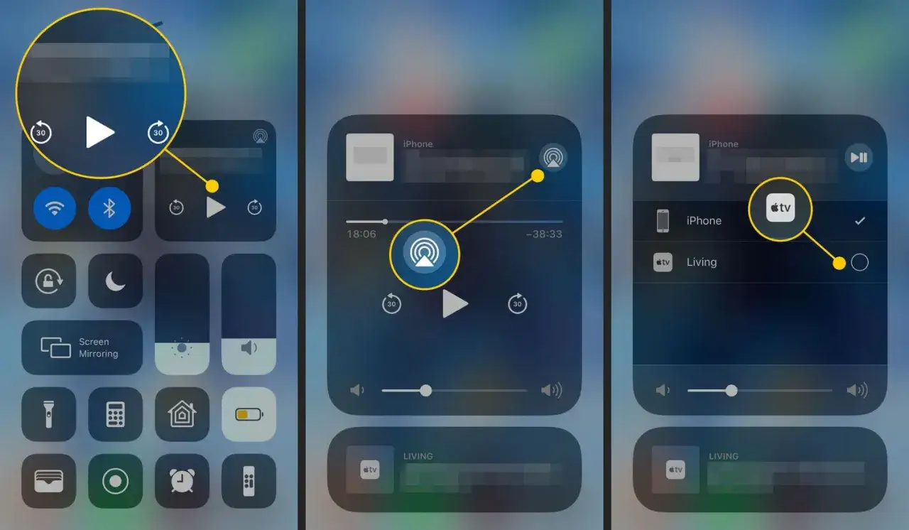 iPhone AirPlay menu and compatible TV