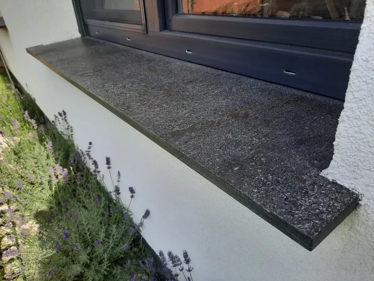 Granitowy parapet zewnętrzny wystaje ok. 5 cm. Obok kwitnie lawenda.