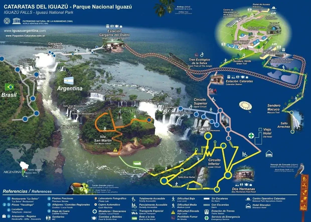 Mapa detallado de las Cataratas del Iguaz&uacute;, ideal para planificar tu viaje a Brasil y Argentina, mostrando senderos, estaciones de tren y puntos de inter&eacute;s.