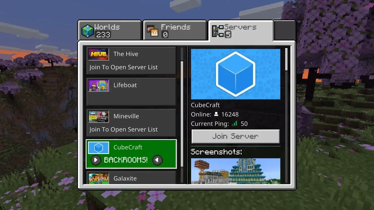 Ekran serwer&oacute;w w Minecraft. Widzimy listę serwer&oacute;w, w tym CubeCraft, The Hive i Lifeboat, gotowych do gry online.