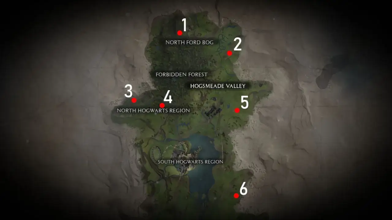 Mapa z zaznaczonymi platformami do lądowania w Hogwarts Legacy. Punkty 1-6 wskazują różne lokacje w regionach North Ford Bog, Forbidden Forest, Hogsmeade Valley, North Hogwarts Region i South Hogwarts Region.