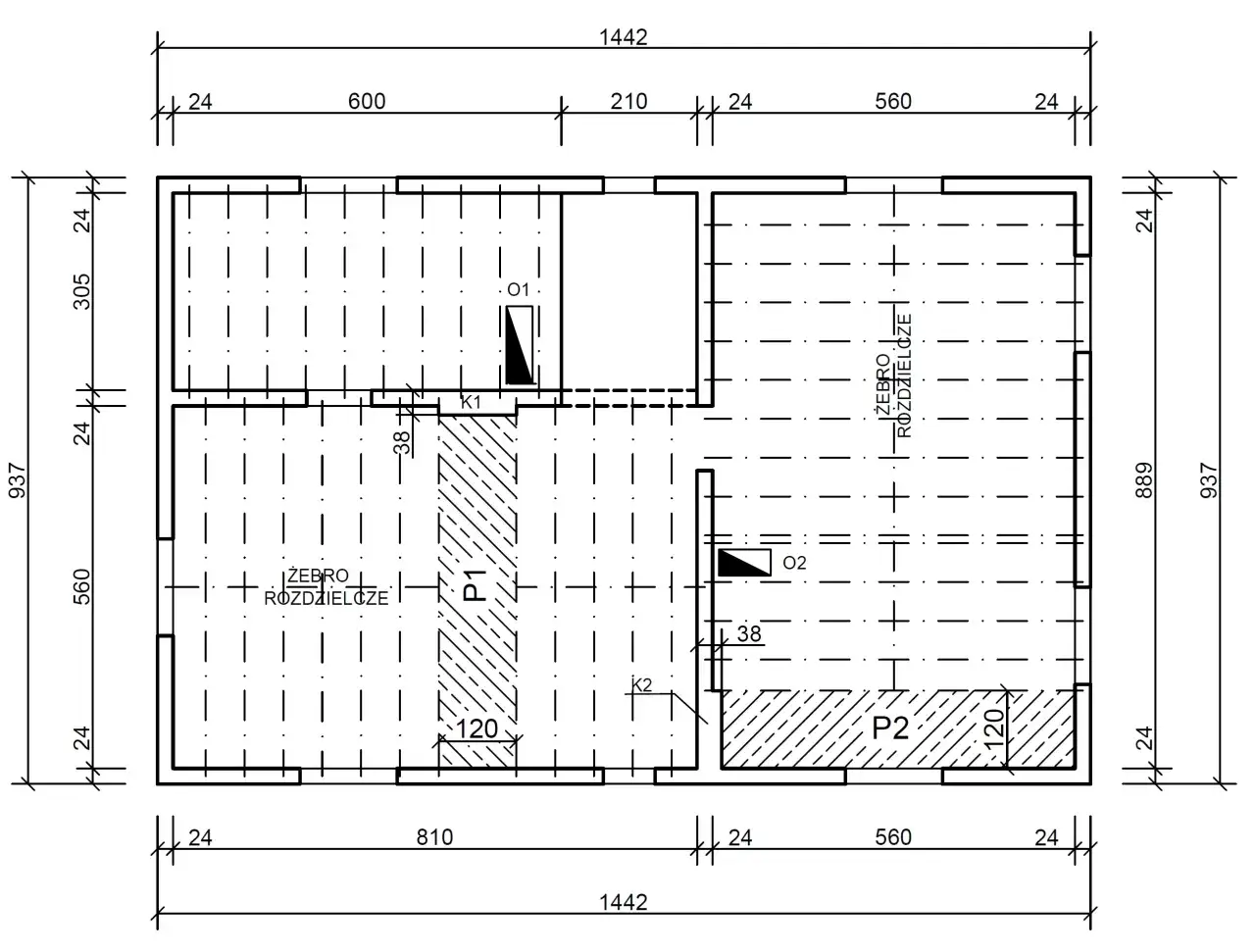Rzut architektoniczny z wymiarami, zaznaczony żebro rozdzielcze w podłodze, z podziałem na strefy P1 i P2.