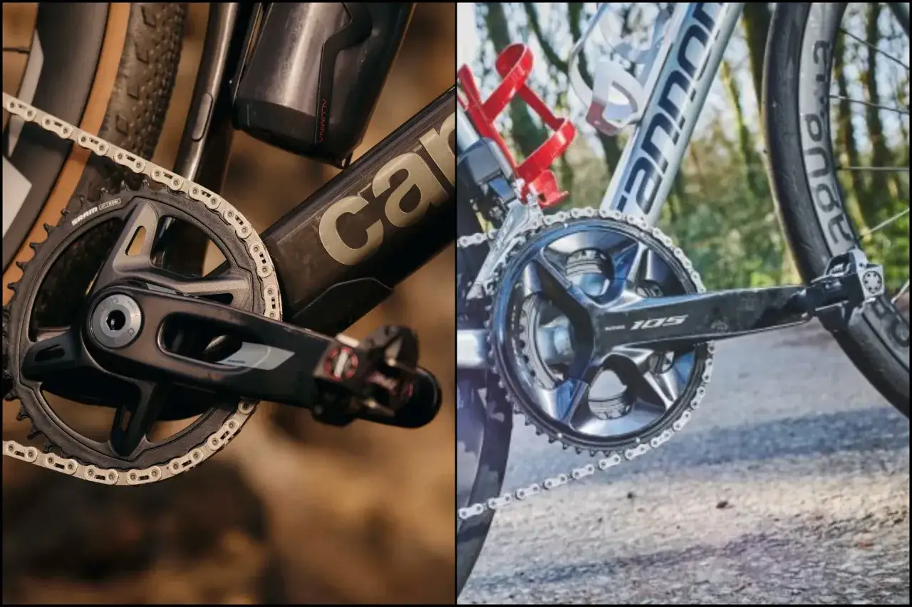 Dwa rowery: jeden gravelowy z napędem SRAM, drugi szosowy z napędem Shimano 105. Oba z zaawansowanymi, elektrycznymi przerzutkami.