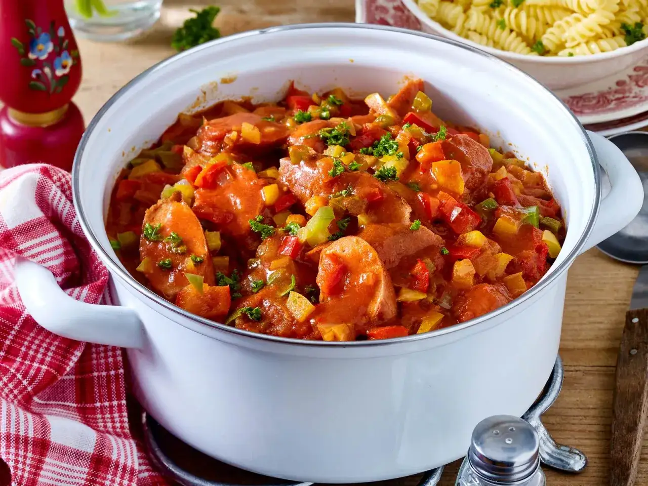 Herzhaftes Wurstgulasch mit Bratwurst, Paprika und Petersilie in einem weißen Topf.