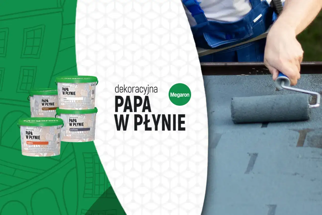 Pojemniki z dekoracyjną papą w płynie. Ręka z wałkiem maluje dach.