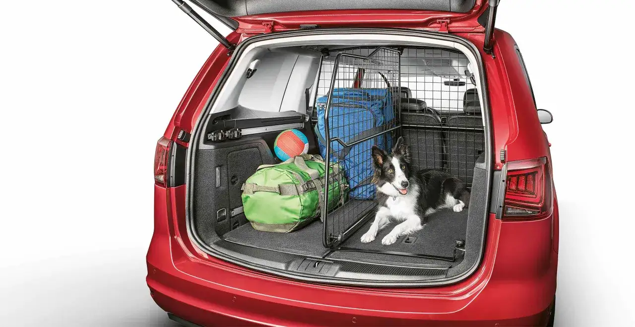 Perro en maletero de Seat Alhambra con rejilla separadora, equipaje y bal&oacute;n. Las medidas del maletero son ideales para viajes familiares.