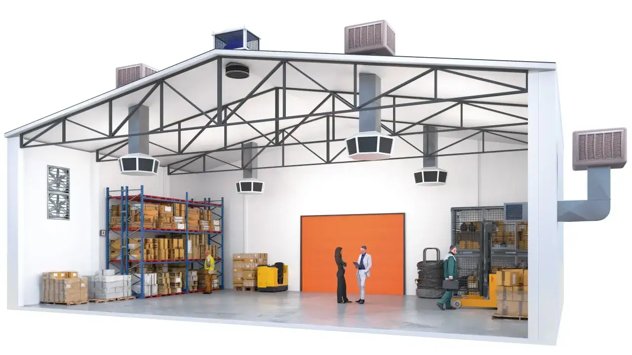 Sistema de climatización para naves industriales con unidades de techo y conductos.